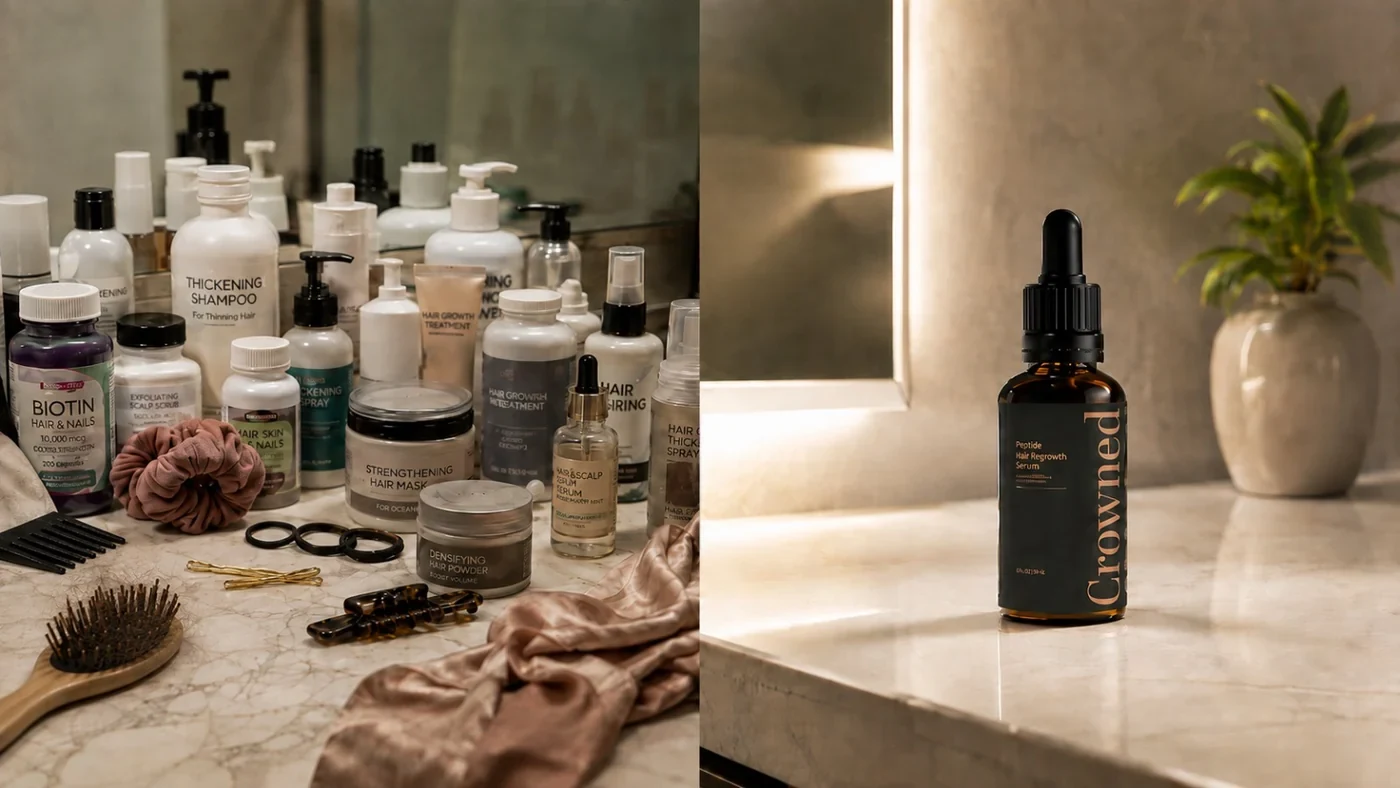 A cluttered bathroom counter beside a single Crowned bottle