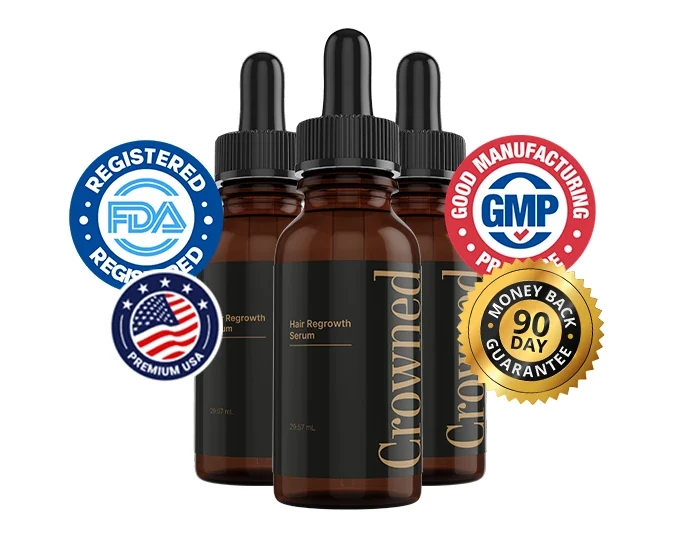 Crowned bottles with FDA-registered facility, GMP, made in USA and 60-day guarantee seals